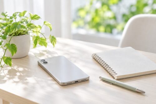 テーブルに置かれたスマートフォン