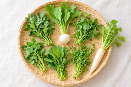 ざるに並べた春の七草