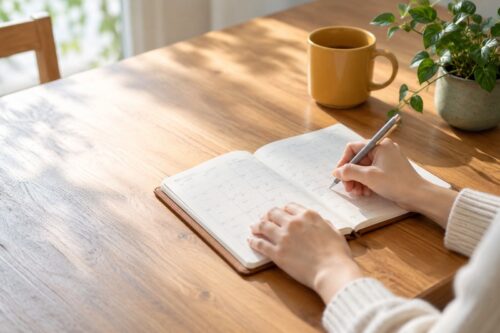 手帳に予定を書きこむ